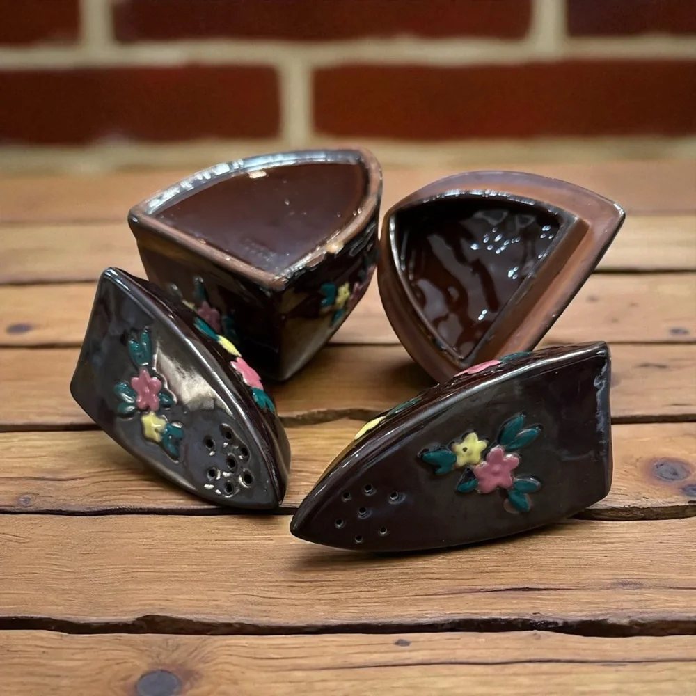 VTG Japan Redware Iron Shaped Sugar Bowl Salt Pepper Shaker Set 3pc